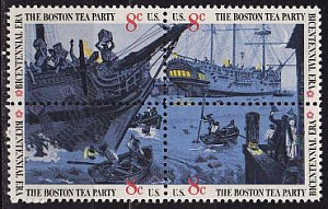 США, 1973, 200 лет США, "Бостонское чаепитие", 4 марки квартблок